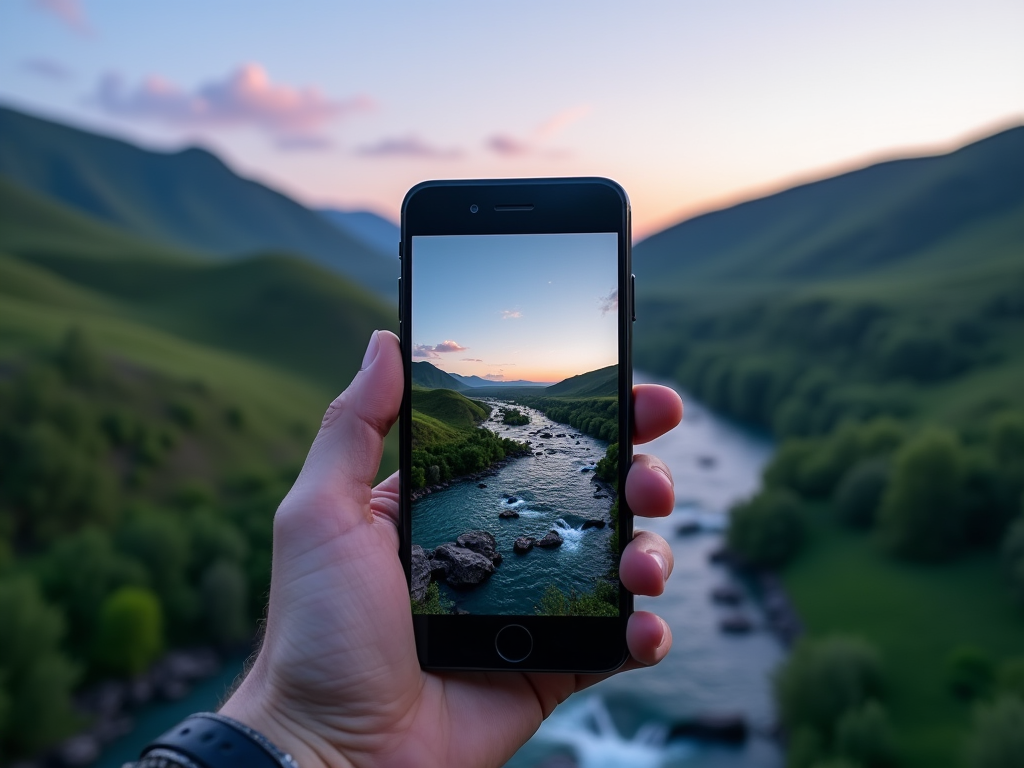 Hand holding a smartphone displaying a river and mountains at sunset.