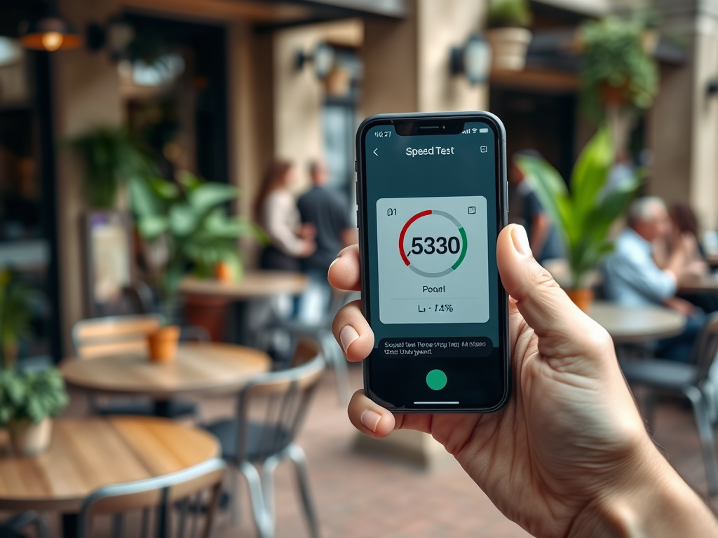A hand is holding a smartphone displaying a speed test result of 5330 points in a cafe setting.