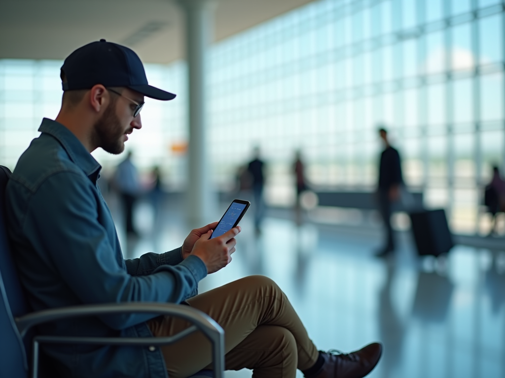 Man in cap using smartphone at airport, background blurred with walking people.