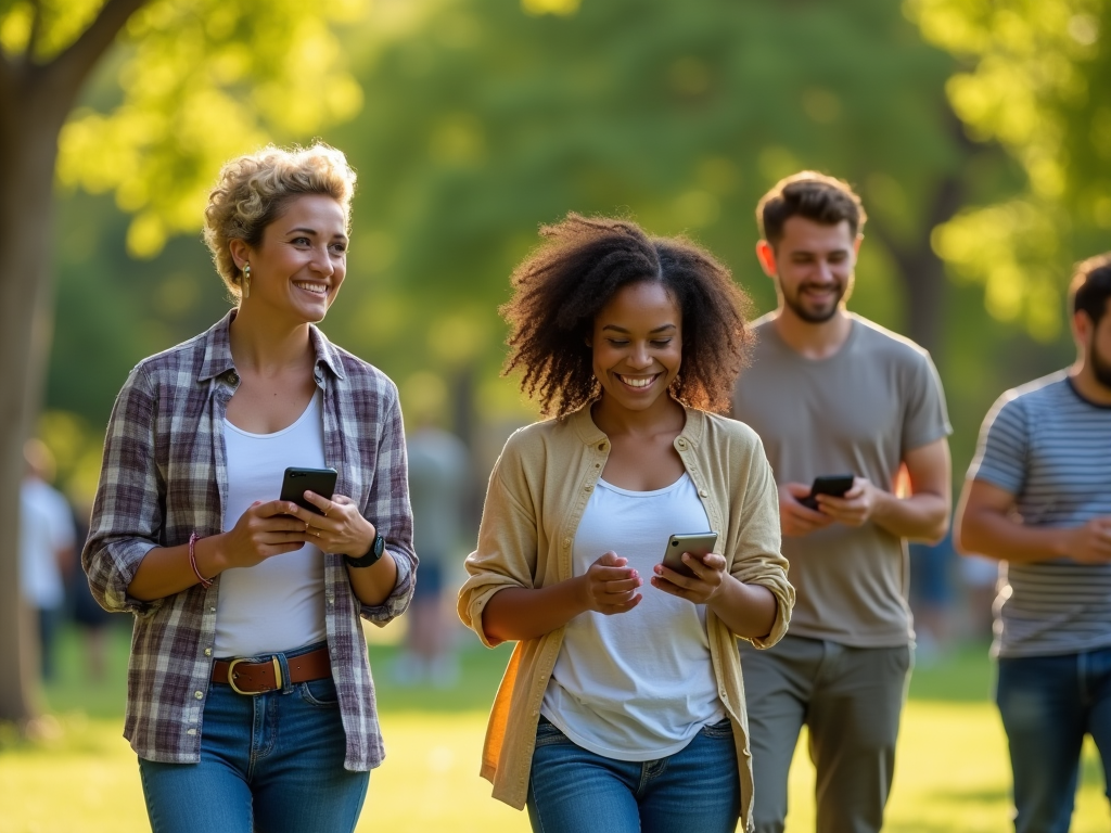 Two women and two men using smartphones while walking in a park.