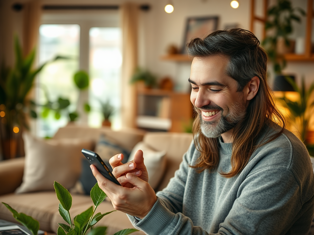 A man with long hair is smiling while looking at his phone in a cozy, plant-filled living room.