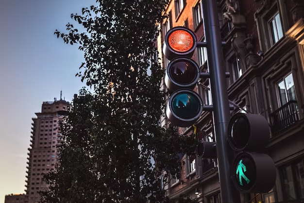   LED traffic lights controlling traffic on a busy street