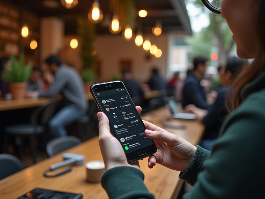 Close-up of a woman's hand holding a smartphone with app interfaces, in a bustling café.