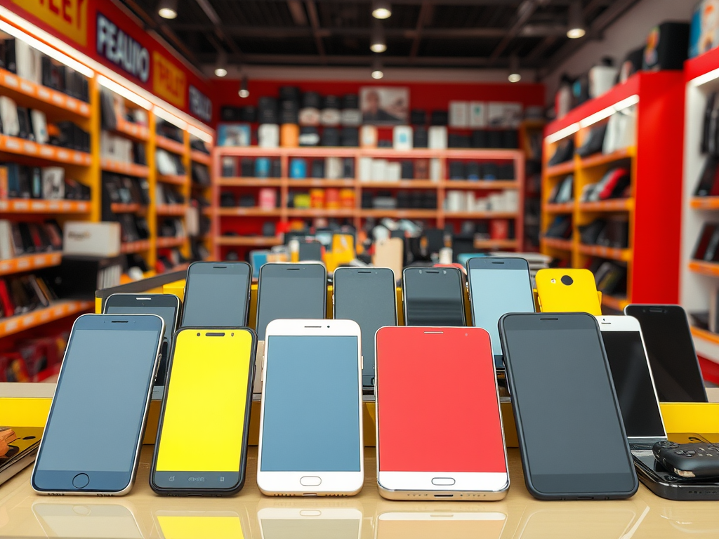 A display of various smartphones in a retail store, with colorful screens and cases, set against shelves of products.
