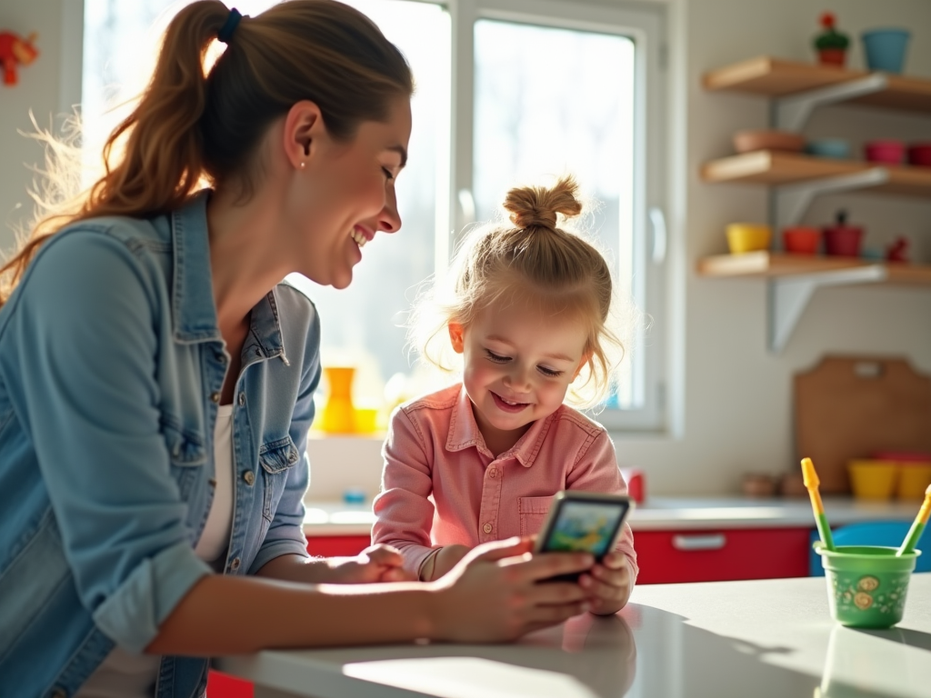 Mother and toddler smiling while looking at a smartphone in a sunny kitchen.