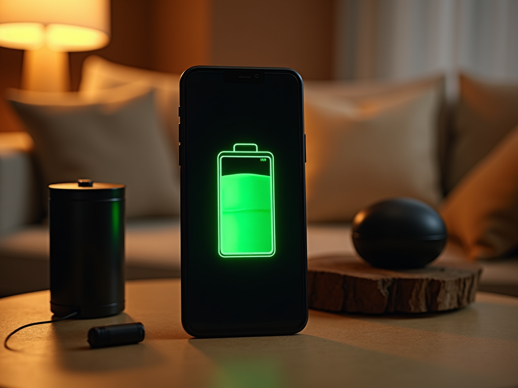 Smartphone displaying a full battery icon on screen, placed on a table in a cozy room setting.