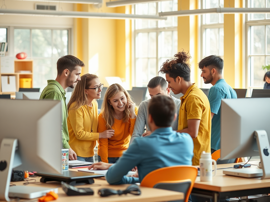 A group of young adults engage in a discussion around a table in a bright, modern office setting.
