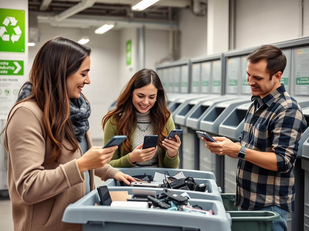 Three people stand at a recycling center, happily engaging with their phones while checking electronic waste bins.