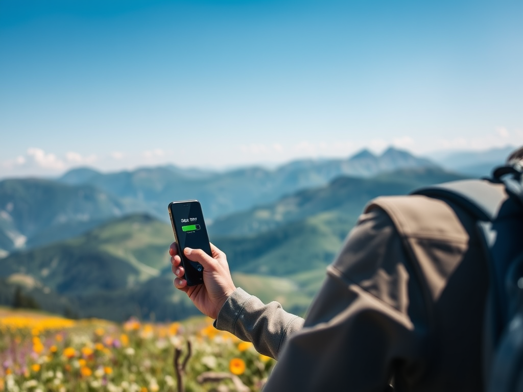 A person holds a smartphone displaying a low battery icon against a scenic mountain backdrop filled with flowers.