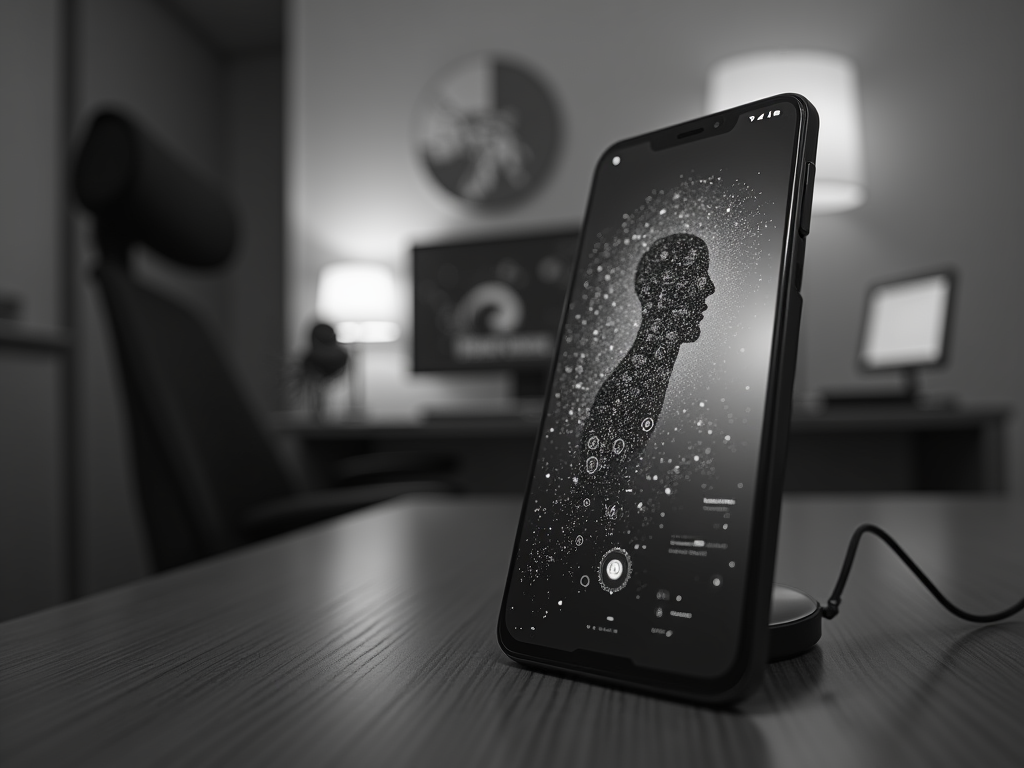 Smartphone on desk displaying futuristic human silhouette against starry background in a moody, dimly lit office.