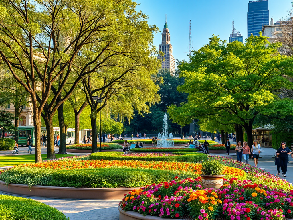 A vibrant park scene with colorful flower beds, trees, and a fountain, bustling with people enjoying the outdoors.