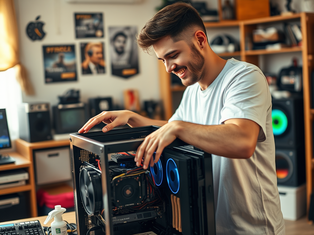 A young man smiles while working on a computer case, surrounded by tech equipment and posters in a cozy room.