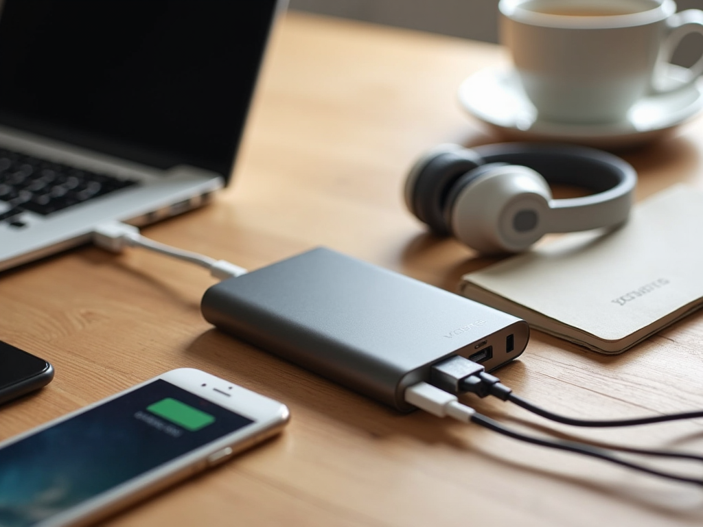 Laptop, phone charging with power bank, coffee cup, and headphones on a wooden desk.