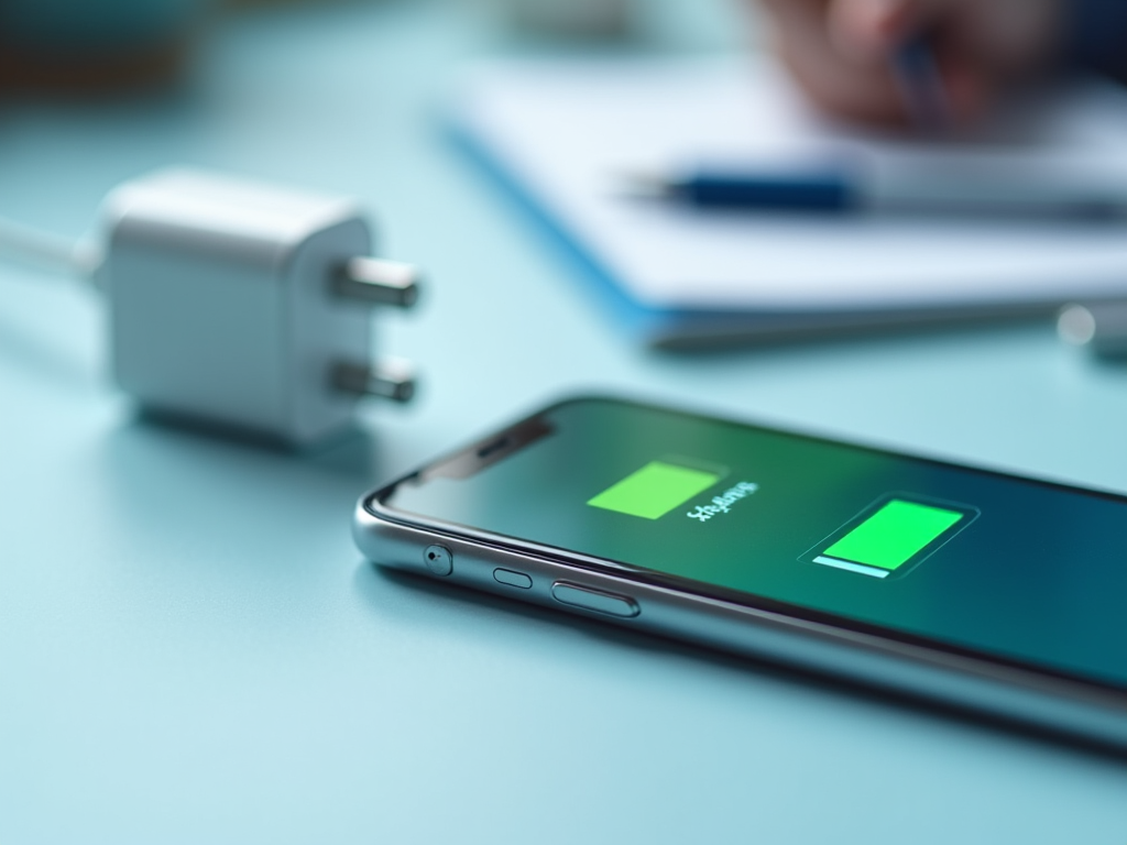 Smartphone charging with visible battery icon on screen, connected to a white charger on a blue desk.