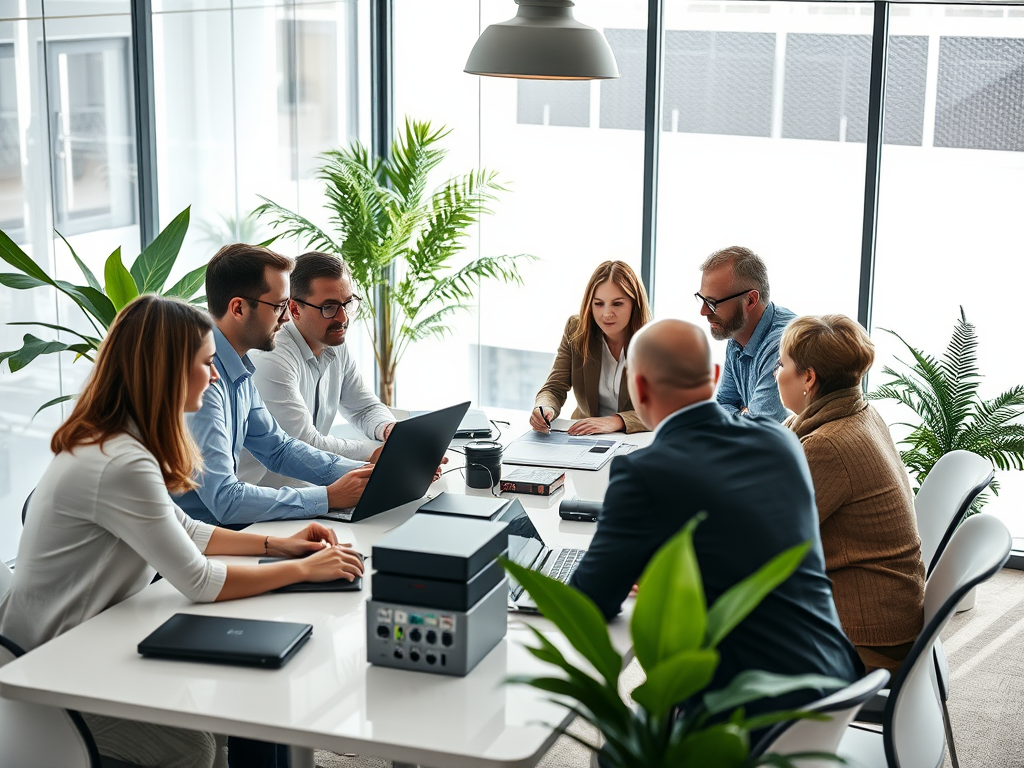 A diverse group of six professionals collaborates in a bright conference room, discussing ideas around a table.