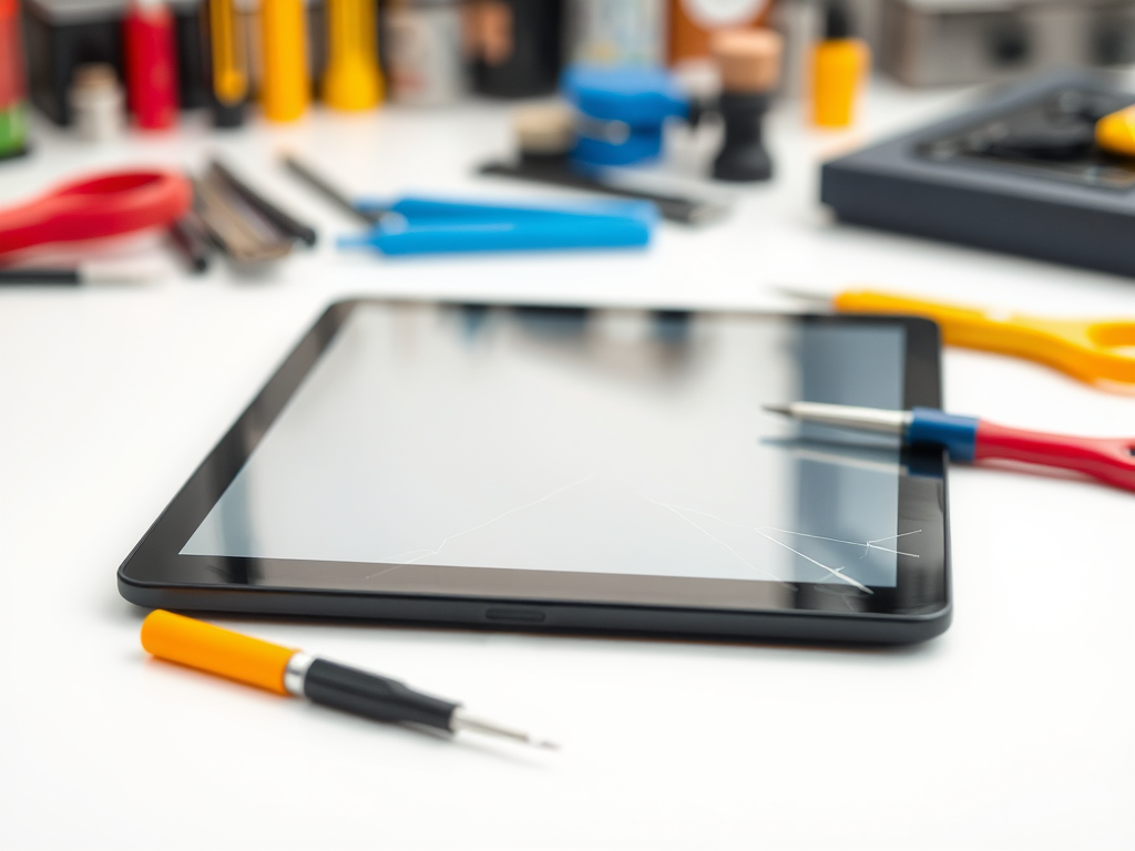 A black tablet with a cracked screen sits on a white workspace, surrounded by various tools and stationery.