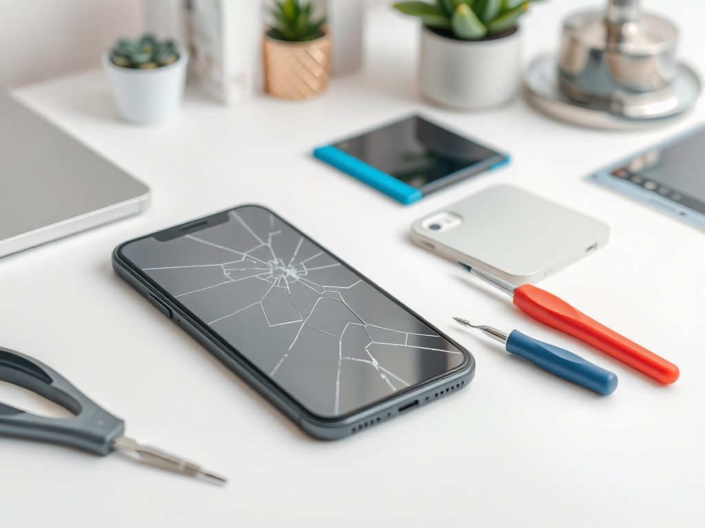 A smartphone with a cracked screen surrounded by repair tools and small devices on a clean workspace.