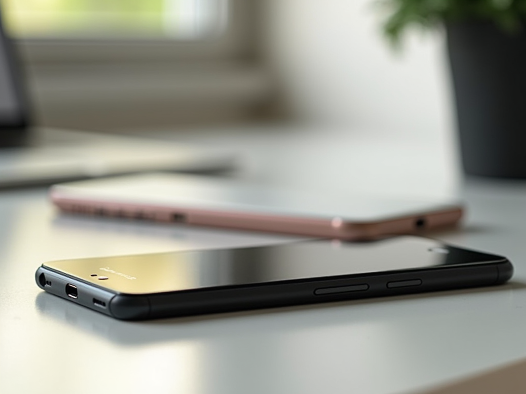 Two smartphones on a desk, one rose gold and one black, both in focus, set against a blurred background.