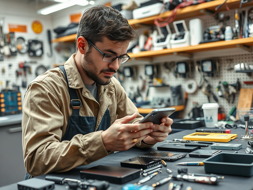 A man in work attire focused on his phone, surrounded by tools and devices on a workshop table.