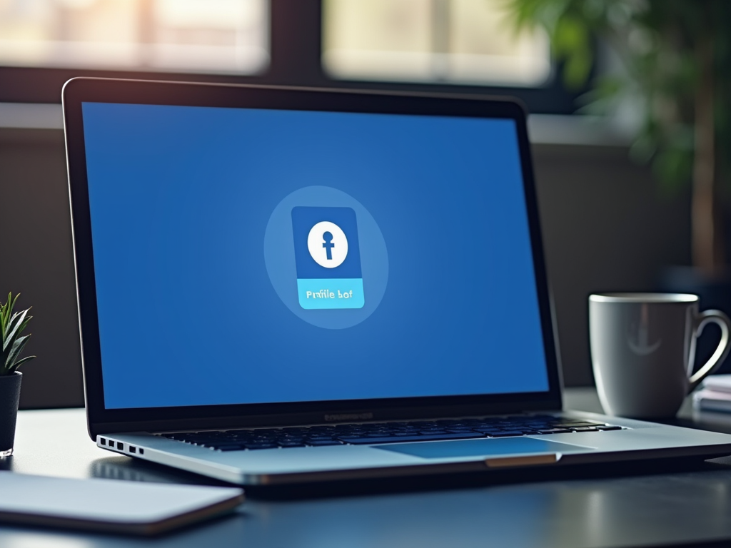 Laptop on desk displaying a 'Profile locked' notification with a Facebook logo on a blue screen.