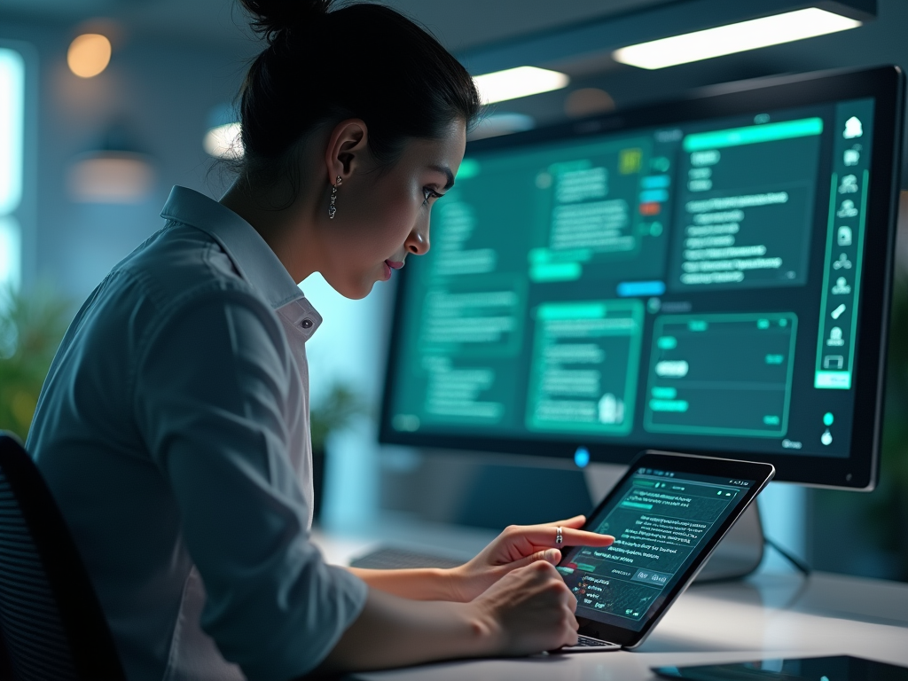 Woman works intently on a tablet in a high-tech office at night, with multiple monitors displaying code.