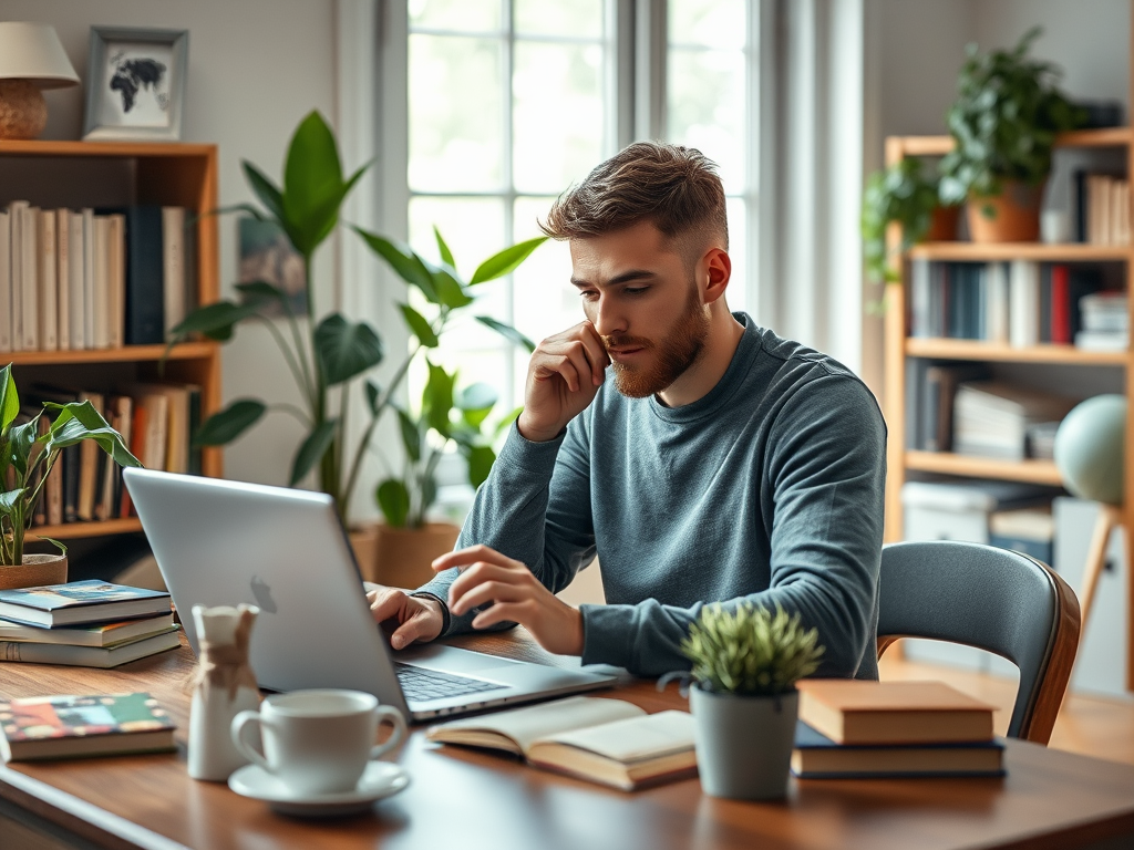 A man sits at a desk, focused on his laptop, surrounded by books and plants in a bright, cozy room.
