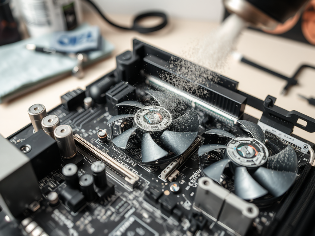 A close-up of a computer motherboard with two cooling fans, dust being sprayed onto the components.