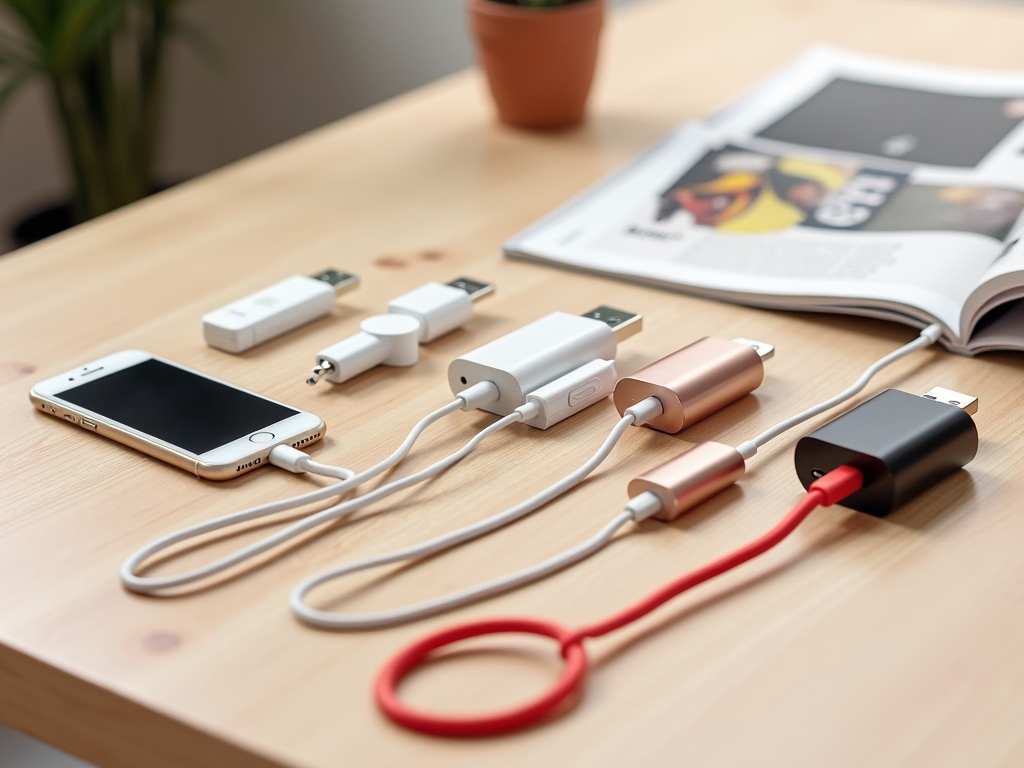 Smartphone with multiple charging cables and adapters on a wooden table beside an open magazine.