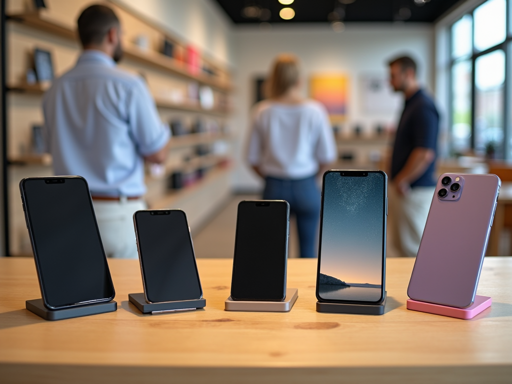 Five smartphones on display stands in a store with customers and shelves in the background.