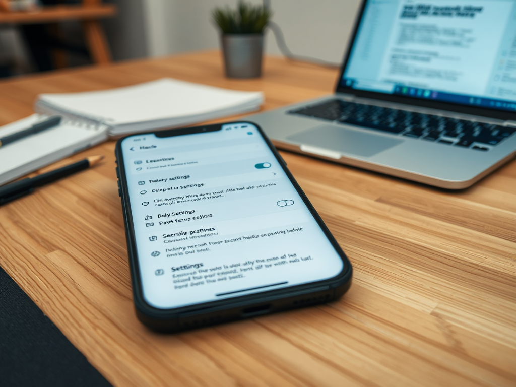 A smartphone displaying health app settings on a wooden desk, accompanied by a laptop and notepad.