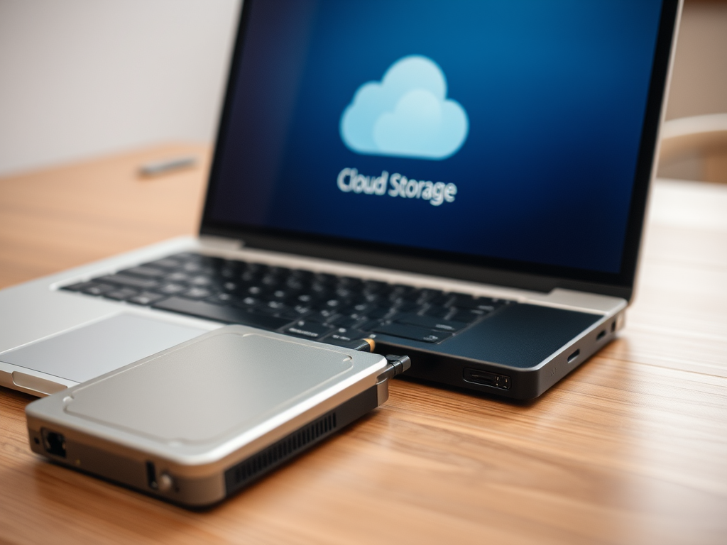 A laptop displaying "Cloud Storage" on the screen, with an external hard drive connected beside it on a wooden table.