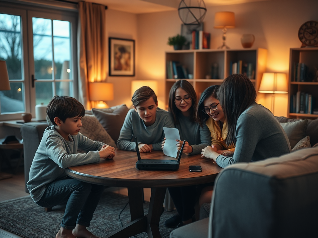 Five children gather around a table, closely examining a piece of paper and a laptop in a cozy, warmly lit room.
