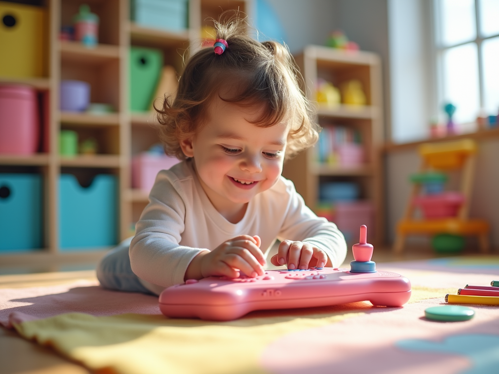 Toddler playing with a pink toy in a colorful playroom.