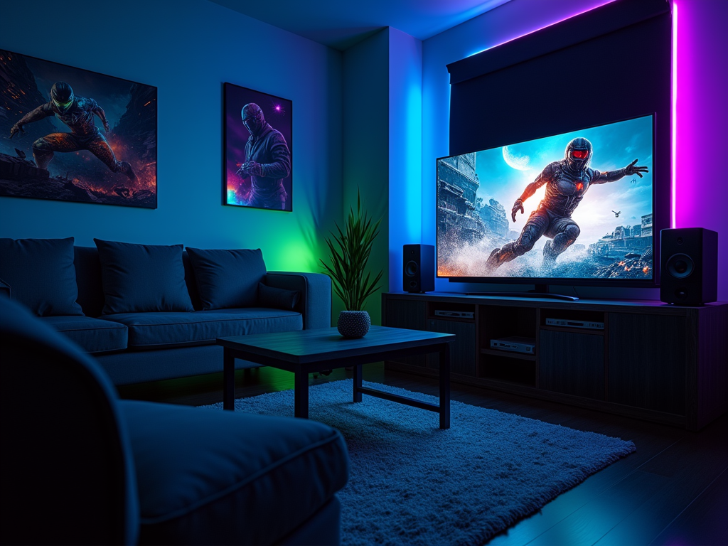 Modern living room with neon lights, displaying sci-fi imagery on wall art and TV screen.