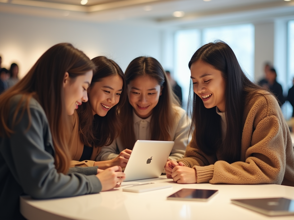 Four young women smiling and looking at a tablet in a brightly lit space.