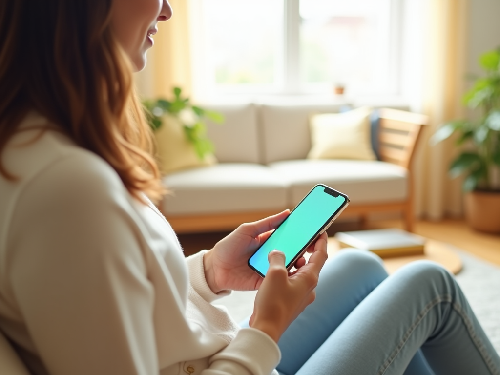 Woman sitting and using smartphone with blank screen in a sunlit living room.