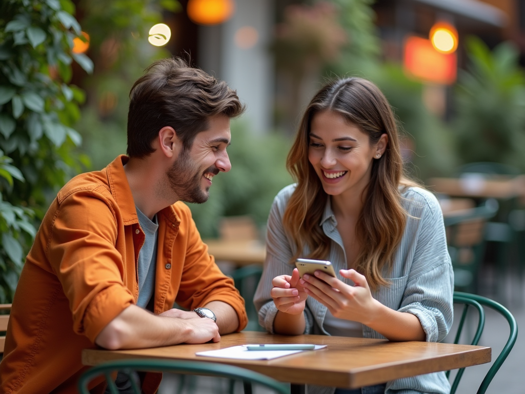 Young man and woman sharing a smile while looking at a smartphone at an outdoor cafe.