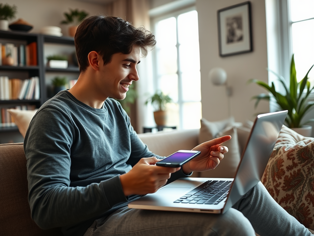 A young man sits on a couch, smiling while using a smartphone and a laptop in a cozy, well-lit room.