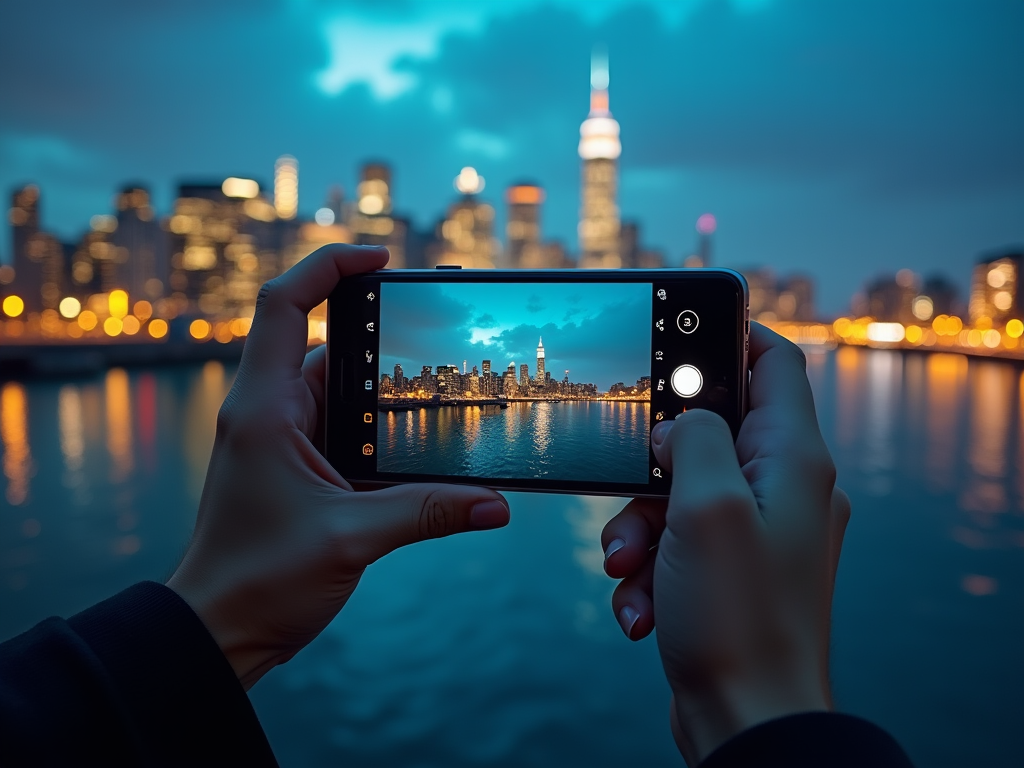 Hands holding a smartphone capturing the skyline of a city at twilight, reflected in water.