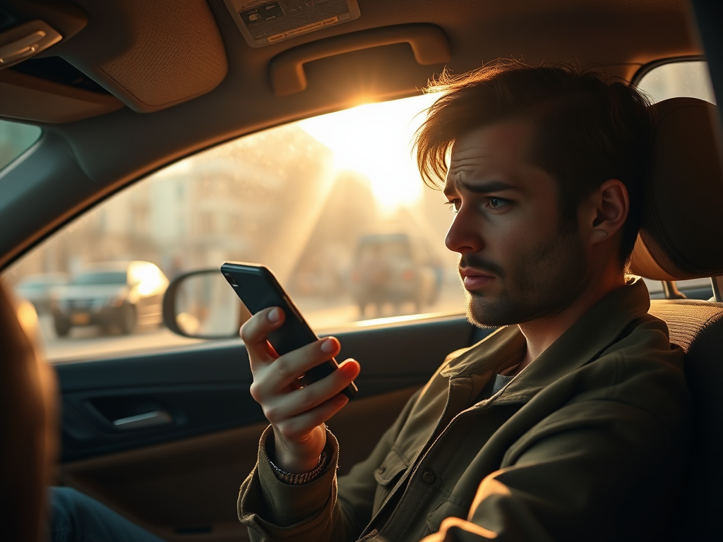 A young man sitting in a car, focused on his phone, with sunlight shining through the window.