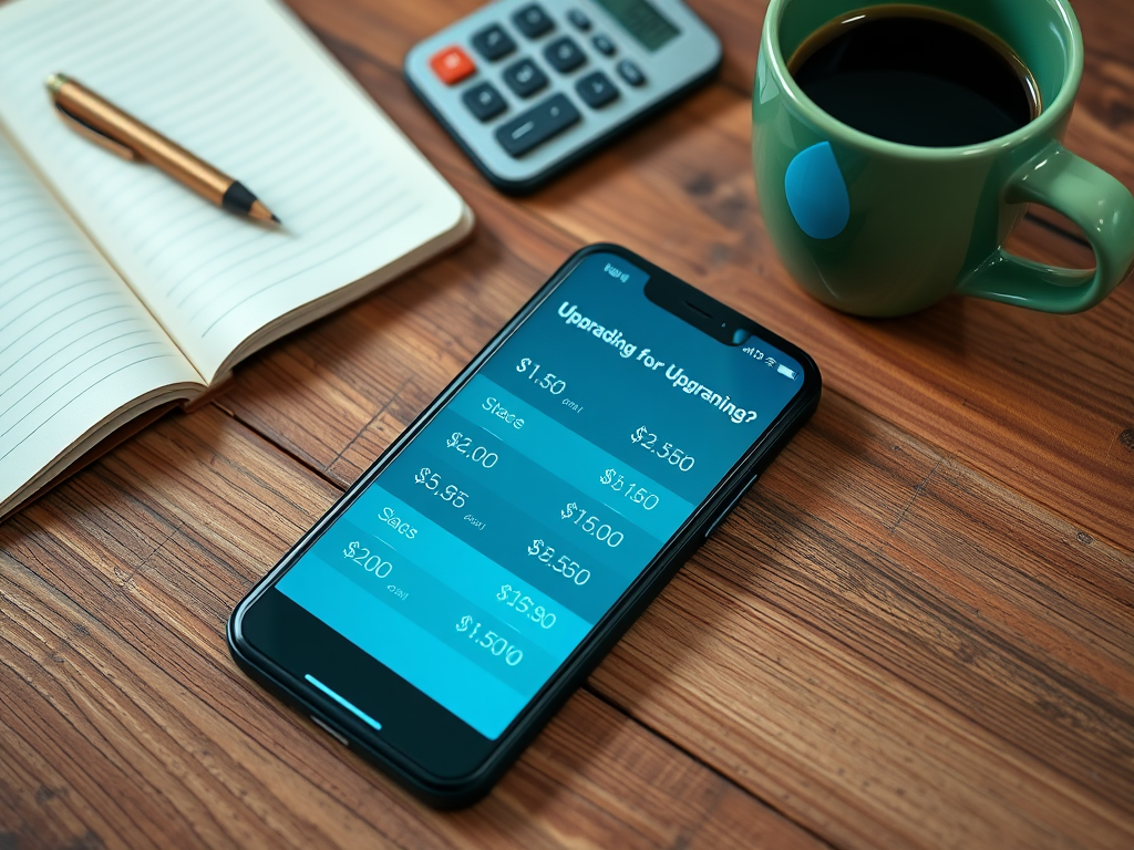 A smartphone displaying upgrade options, a notebook, a pen, a calculator, and a coffee mug on a wooden surface.