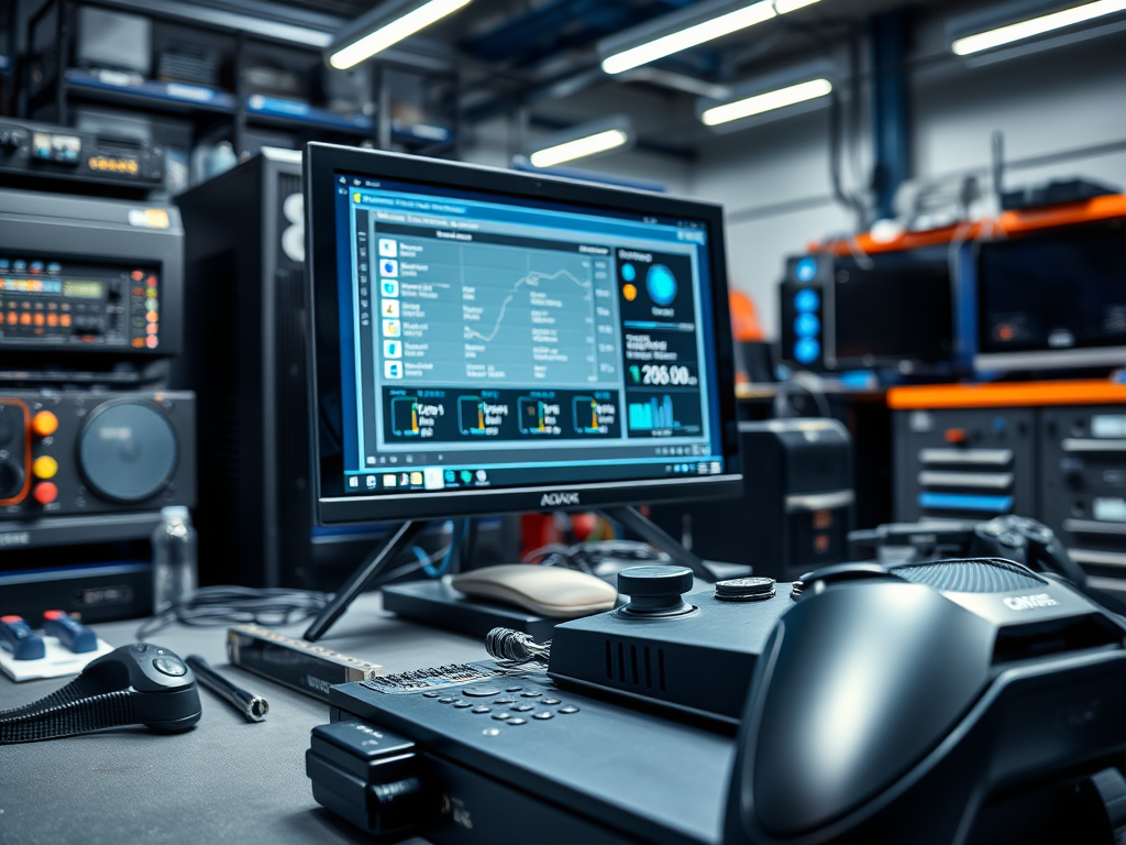A computer monitor displays monitoring software in a tech workspace with various tools and equipment in the background.