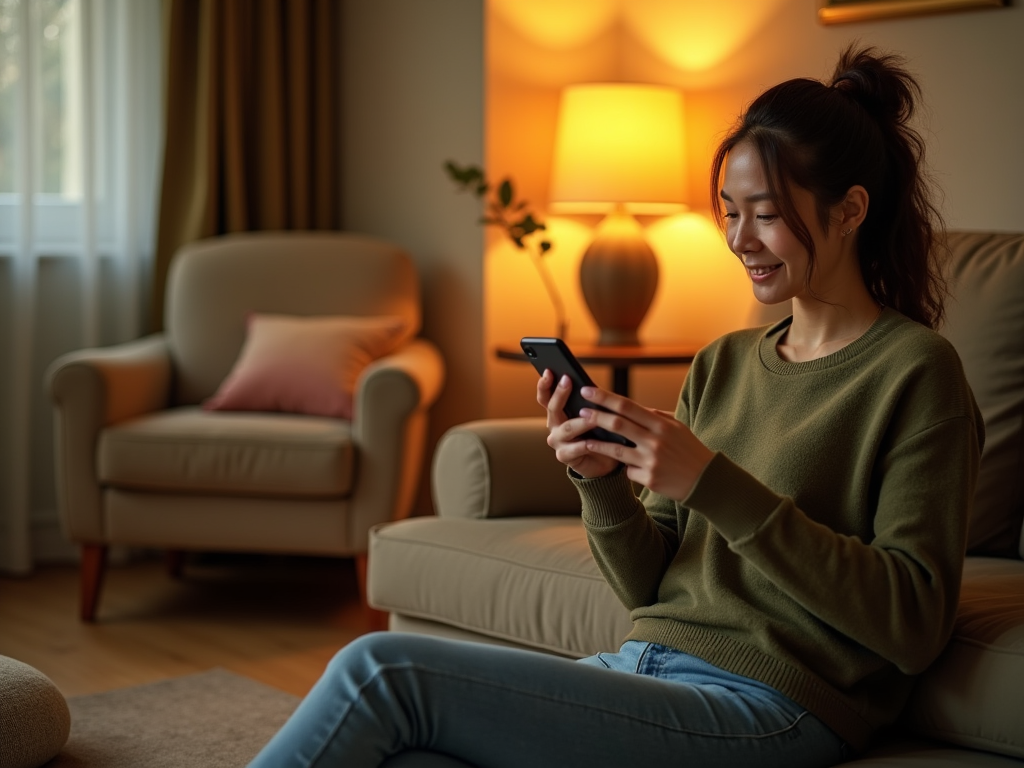 Asian woman smiling while using smartphone, seated on couch in cozy living room.