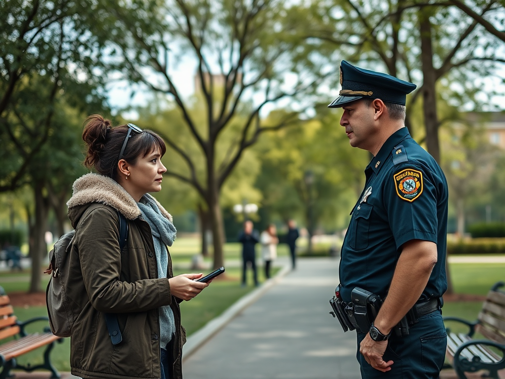 A young woman and a police officer are engaged in conversation in a park setting. Trees and benches are in the background.