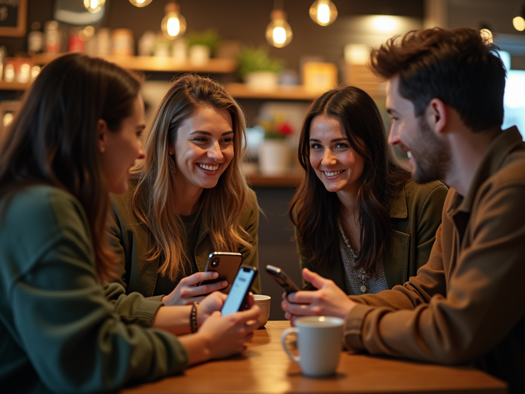 Four friends chatting and smiling at a cozy café table, one showing a phone to others.