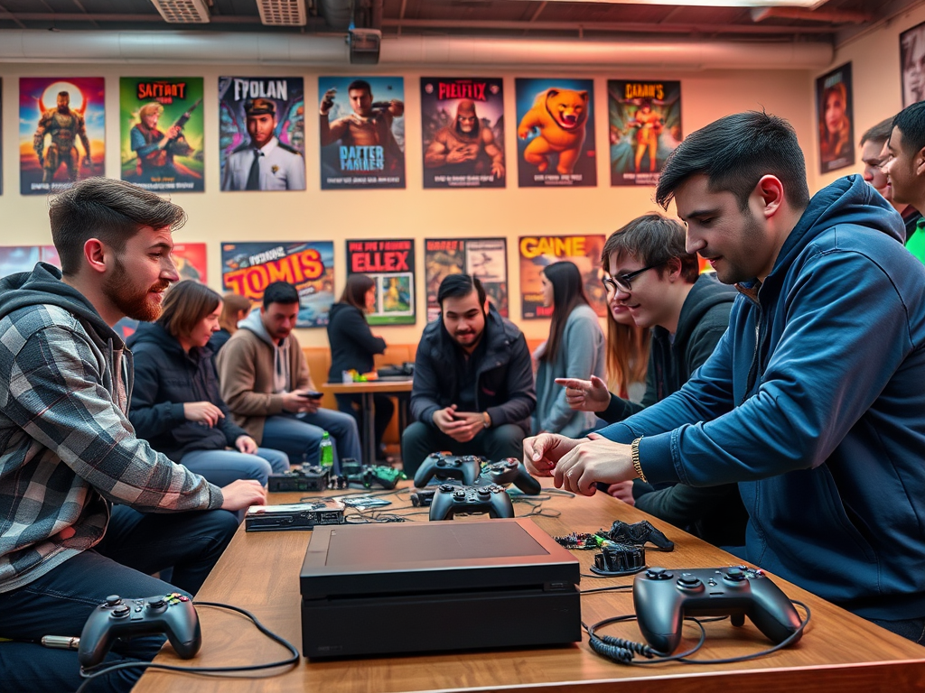 A group of people interacts and plays video games at a gaming event, with posters on the walls in the background.