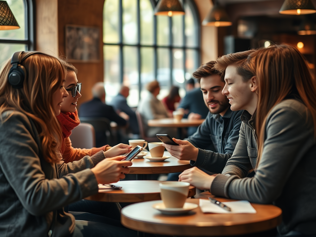 A group of five young adults sit at a café table, engaged with their smartphones and enjoying beverages.