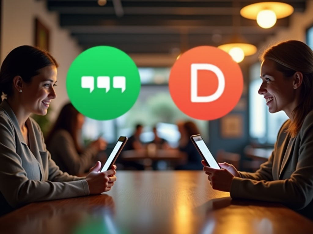 Two women using smartphones in cafe, with chat and letter D icons floating above them.