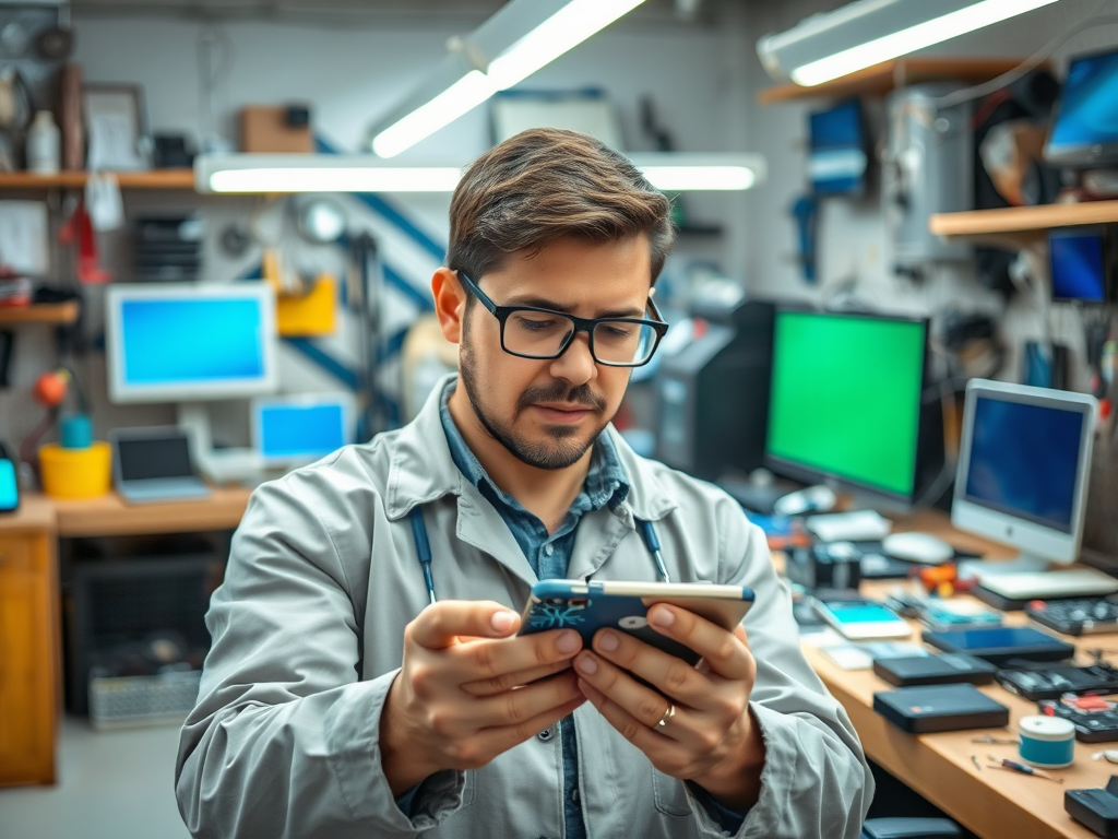 A man in glasses and a lab coat examines a smartphone in a tech workshop surrounded by screens and tools.